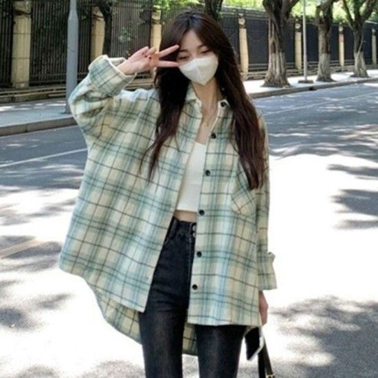 여성 파스탈 체크 카라 셔츠 1P 데일리 심플 남방 긴팔블라우스 루즈핏셔츠 여자셔츠
