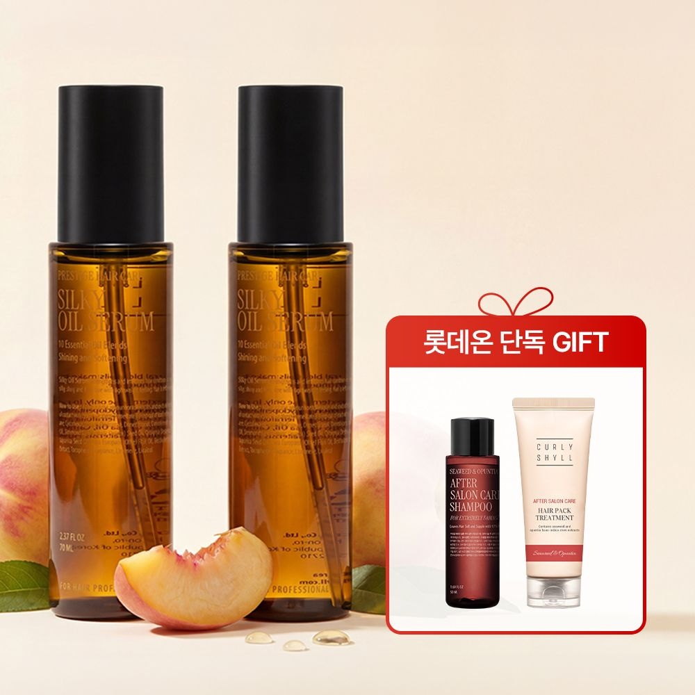 [복숭아 퍼퓸오일] 실키 오일 세럼 70ml 듀오 (에프터 살롱 케어 샴푸 50ml, 헤어팩 트리트먼트 30ml 증정)