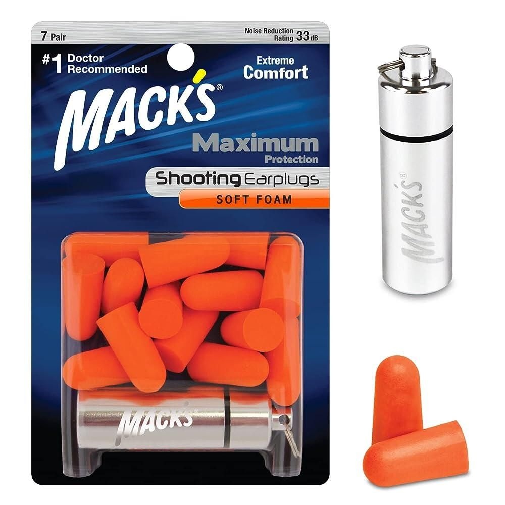 [해외] Mack's Maximum Protection 소프트 폼 슈팅 이어 플러그 - 7쌍 플러스 여행용 케이스 33dB 최고 NRR 사냥 전술 타겟 스키트