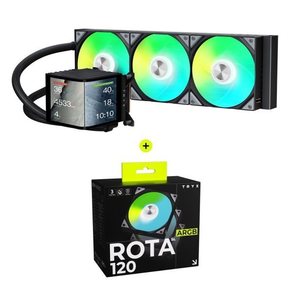 [해외] TRYX 트릭스 파노라마 360 ARGB 곡면 스크린 360mm 일체형 수랭 쿨러 ROTA SL 3in1 120mm 케이스 팬 번들 255431