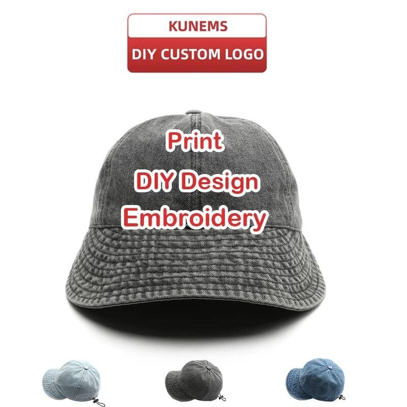 [해외] 낚시모자 KUNEMS 사용자 정의 로고 자수 프린트 브랜드 워싱 코튼 버킷 햇 남녀공용 디자인 데님 썬 유니섹스 도매