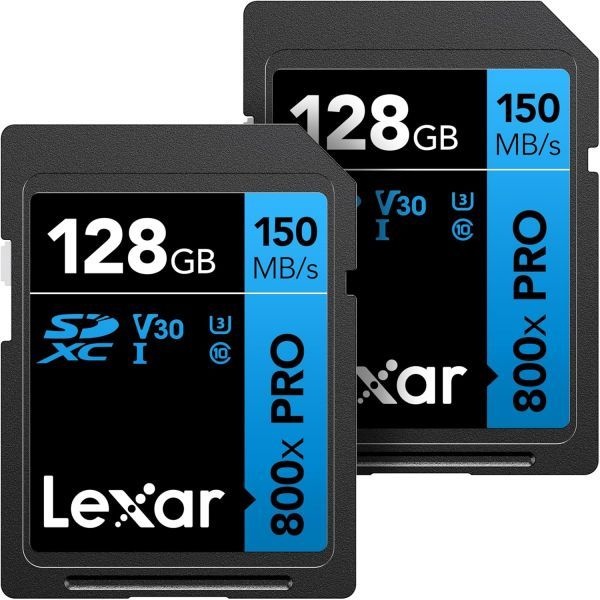[해외] Lexar 렉사 128GB 2개입 고성능 800x PRO SD 카드 UHS I C10 U3 V30 4K 지원 최대 150MB s 읽기 속도 SDXC 메모리 컴팩트 중급 DSLR