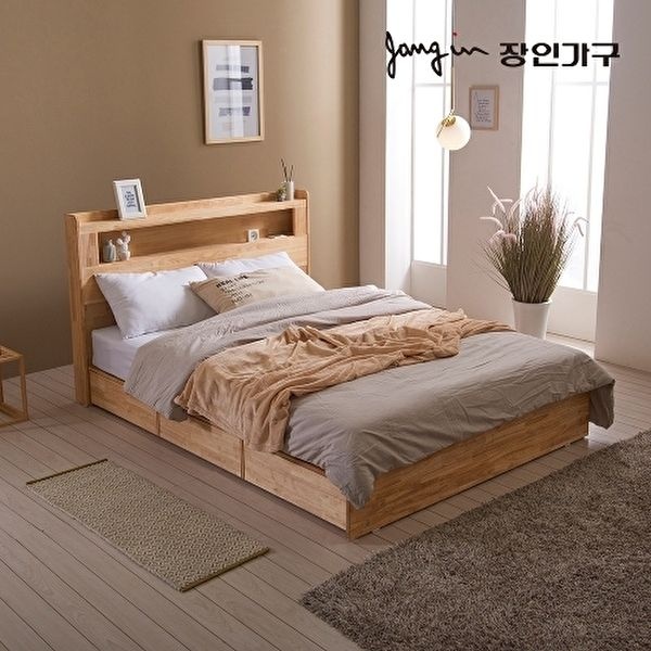 장인가구 (착불)[장인가구]플랫 베이직 LED 고무나무 원목 수납침대 본넬매트 Q,착불