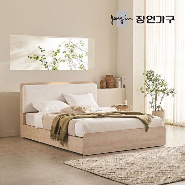 장인가구 (착불)[장인가구]가든 패브릭 쿠션헤드 LED 서랍형 수납침대 Q+본넬