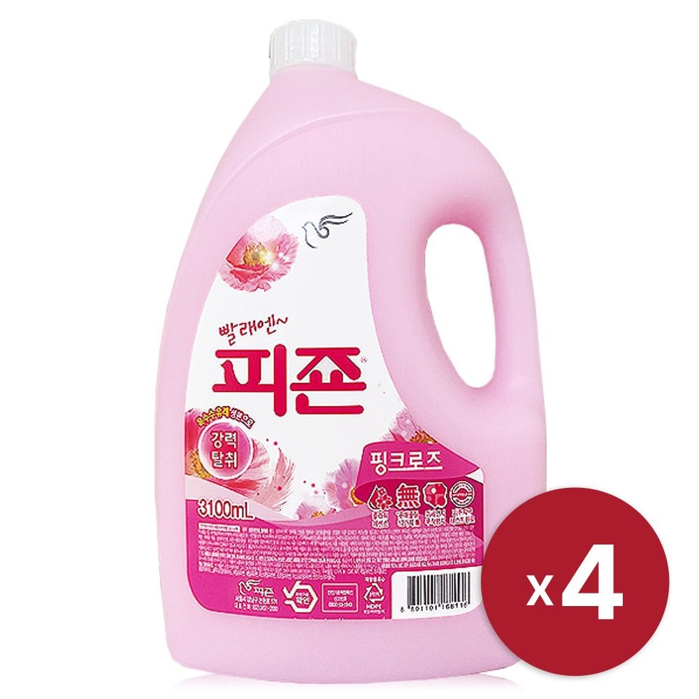 [온누리7%혜택][피죤] 피죤 핑크로즈 3.1L x 4 용기 강력탈취 섬유유연제