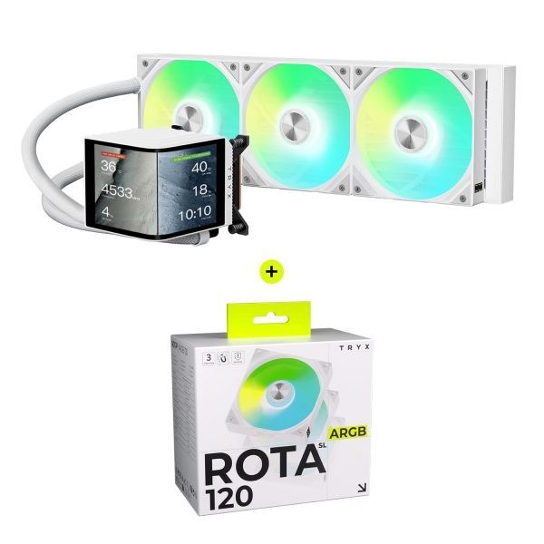[해외] TRYX 트릭스 파노라마 360 ARGB 화이트 곡면 스크린 360mm 일체형 수랭 쿨러 ROTA SL 3in1 120mm 케이스 팬 번들 255437