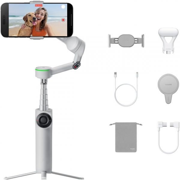 Insta360 [해외] 인스타360 Flow 2 Pro 크리에이터 번들 그레이 접이식 AI 스마트폰 짐벌 Apple DockKit 360도 팬 트래킹 자유로운 틸트 모
