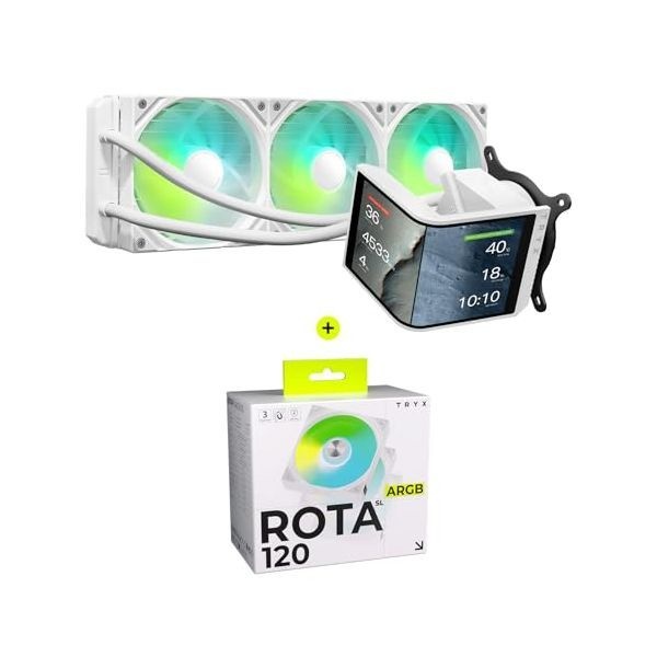 [해외] TRYX 트릭스 Panorama 360 ARGB SE 화이트 곡면 스크린 360mm 일체형 수랭 쿨러 ROTA SL 3in1 120mm 케이스 팬 번들 255435