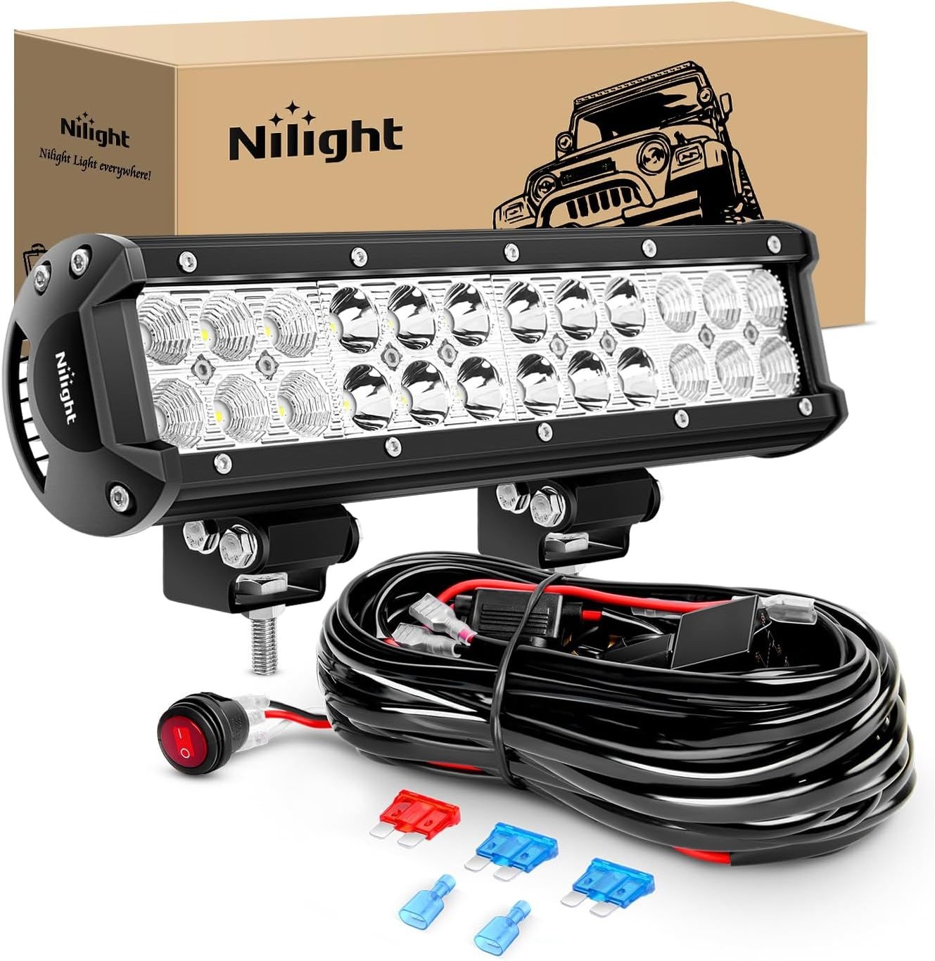 Nilight LED 라이트 바 12인치 72W 스팟 플러드 콤보 오프로드 안개등 16AWG 배선 하네스 키트가 장착된 포드 구동 -