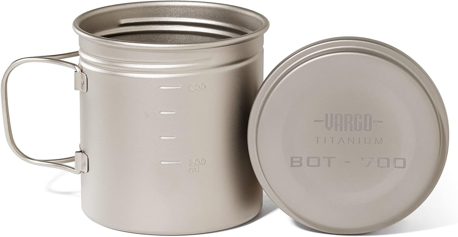 Vargo 티타늄 BOT 시리즈 | - 700 접이식 손잡이와 방수 뚜껑이 있는 요리 냄비 및 물병 700ml (23온스)