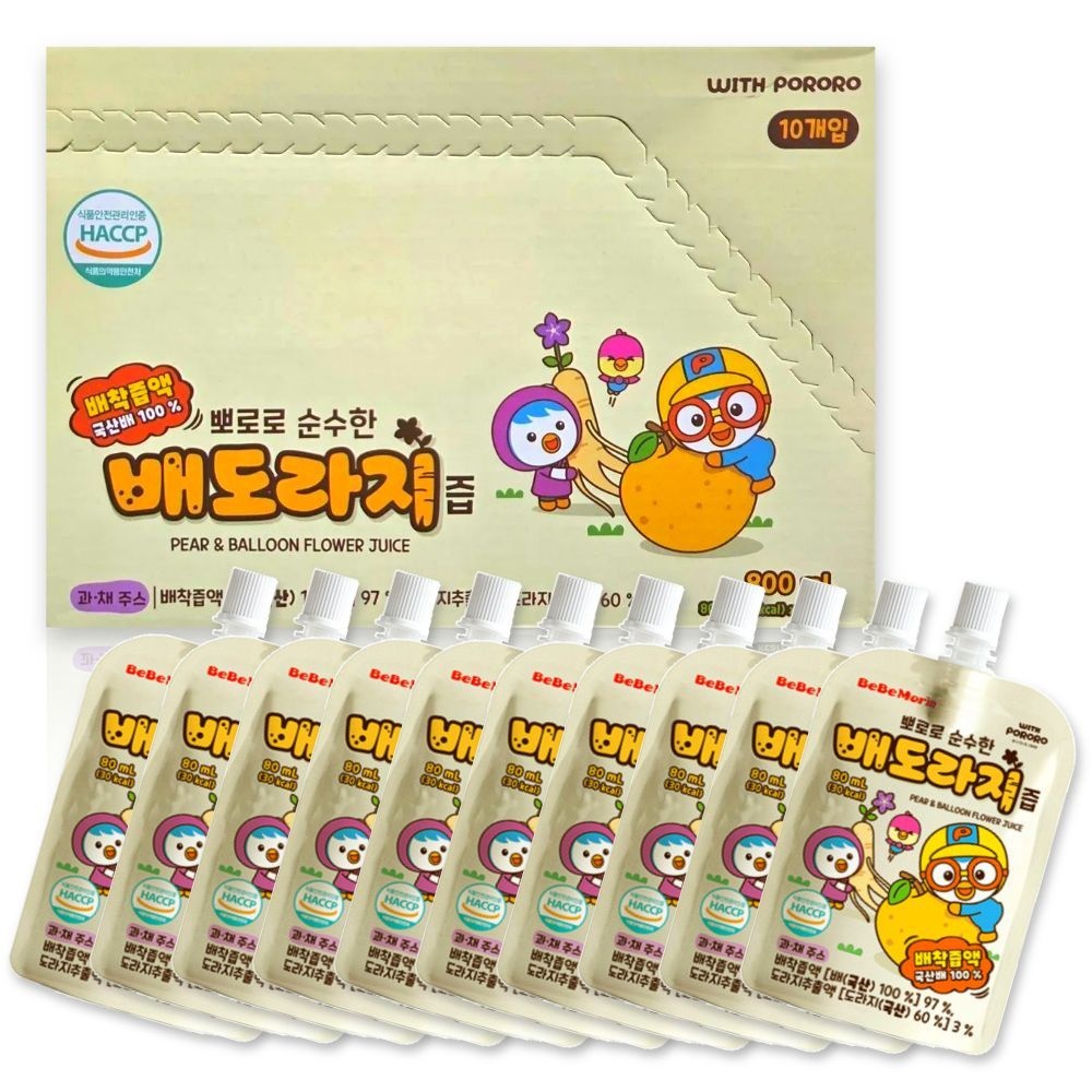 뽀로로 순수한 배도라지즙 80ml x 10개입 / 국내산 배착즙액 환절기 어린이음료