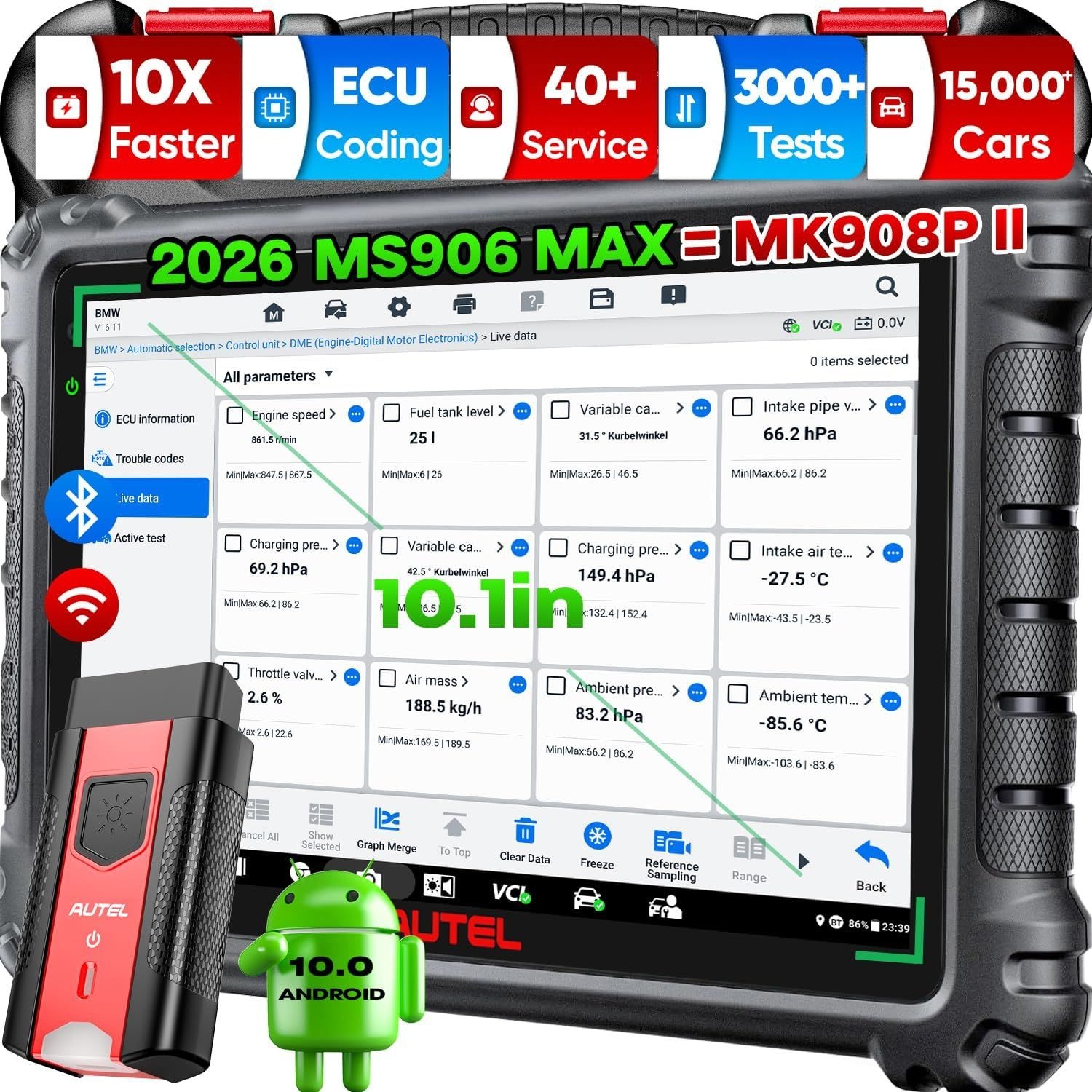 Autel MaxiSYS MS906 MAX 스캐너 2026, MS906MP900BT MS908S MK908 MS906PRO-TS의 MS906MAX 10.1인치 V2.0, 상단 양방향 스캔 도구, 3000회