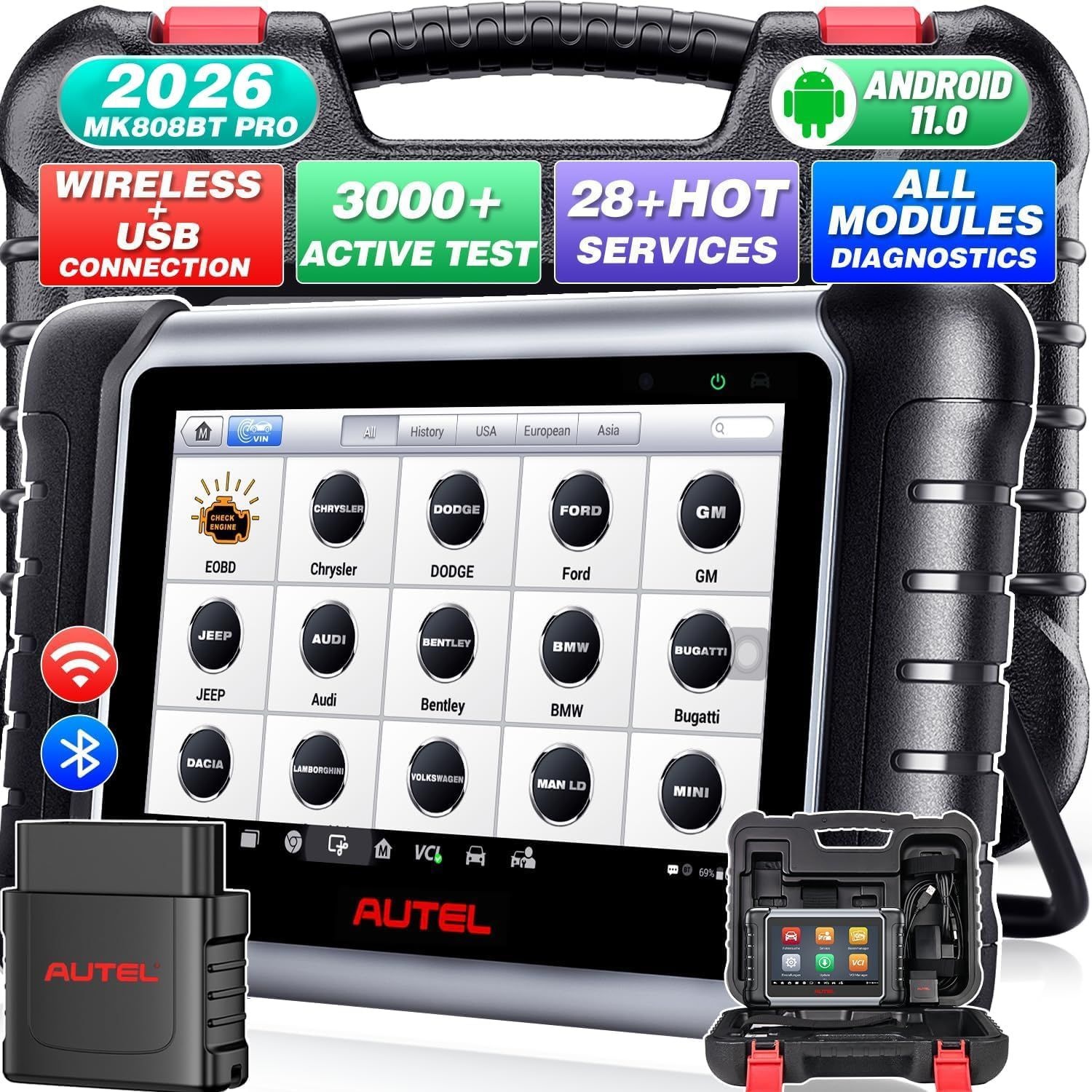 Autel 스캐너 MaxiCOM MK808BT PRO, 2026 양방향 진단 스캔 도구 MK900BT, MK808S MX900의 2.0 BT 버전, 3000 이상 활성 테스트, 28
