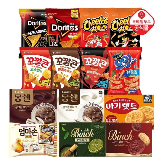 롯데 곽과자 1개+봉지과자 5개 골라담기 (빈츠/몽쉘/꼬깔콘/치토스/도리토스 등)