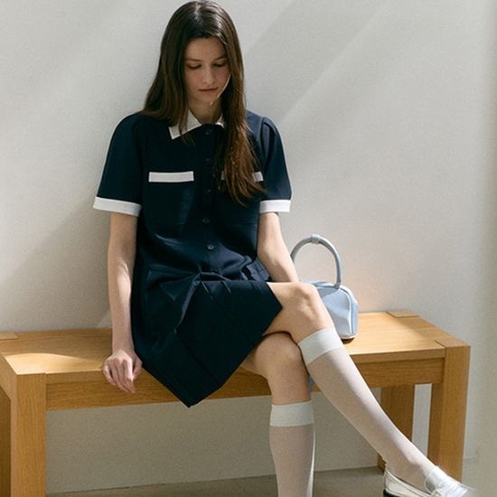 [롯데백화점] 모우트 COLLAR COMBI MIDI DRESS_dark navy [MO24UDR004]