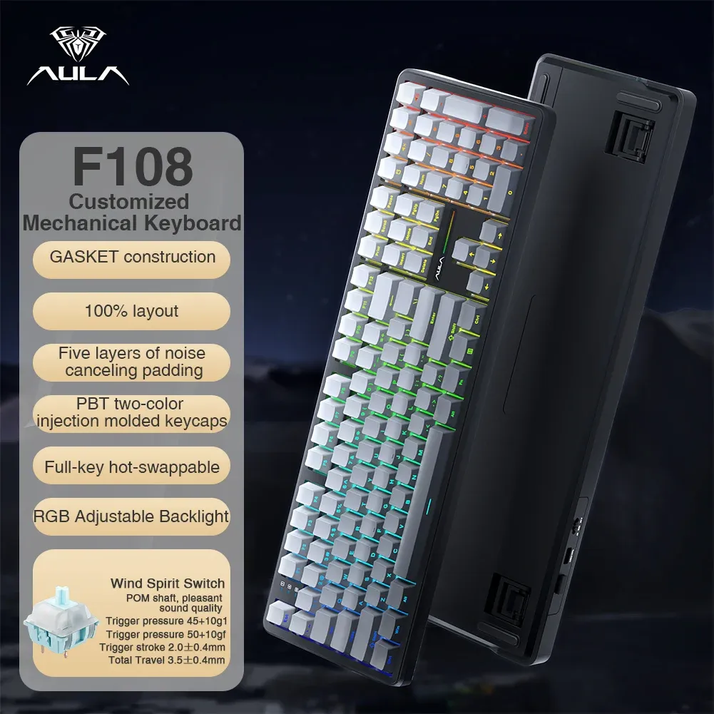 [해외] AULA F108 기계식 게이밍 키보드 100% 레이아웃 1K 폴링률 매크로 핫스왑 스위치