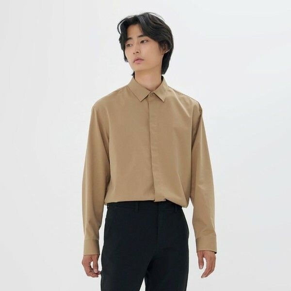 (현대Hmall) [하프클럽/앤듀]남성 세미오버핏 코튼레이온 히든단작 기본카라 셔츠(O214SH120P)