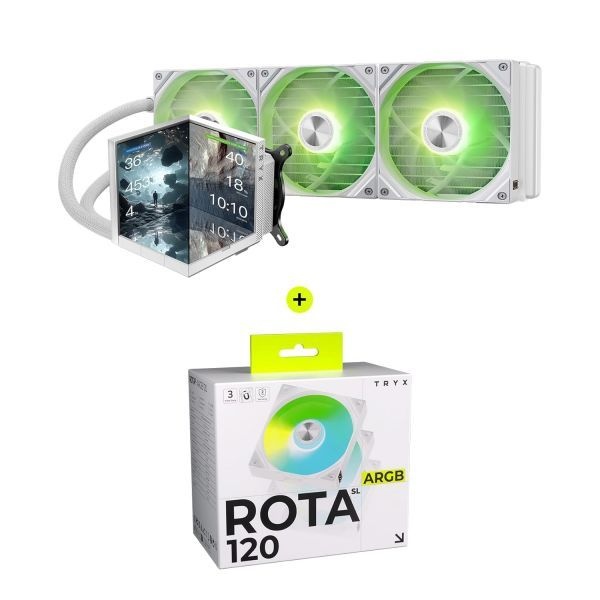 [해외] TRYX 트릭스 Stage 360 ARGB 화이트 듀얼 스크린 360mm 일체형 수랭 쿨러 ROTA SL 3in1 120mm 케이스 팬 번들 272065