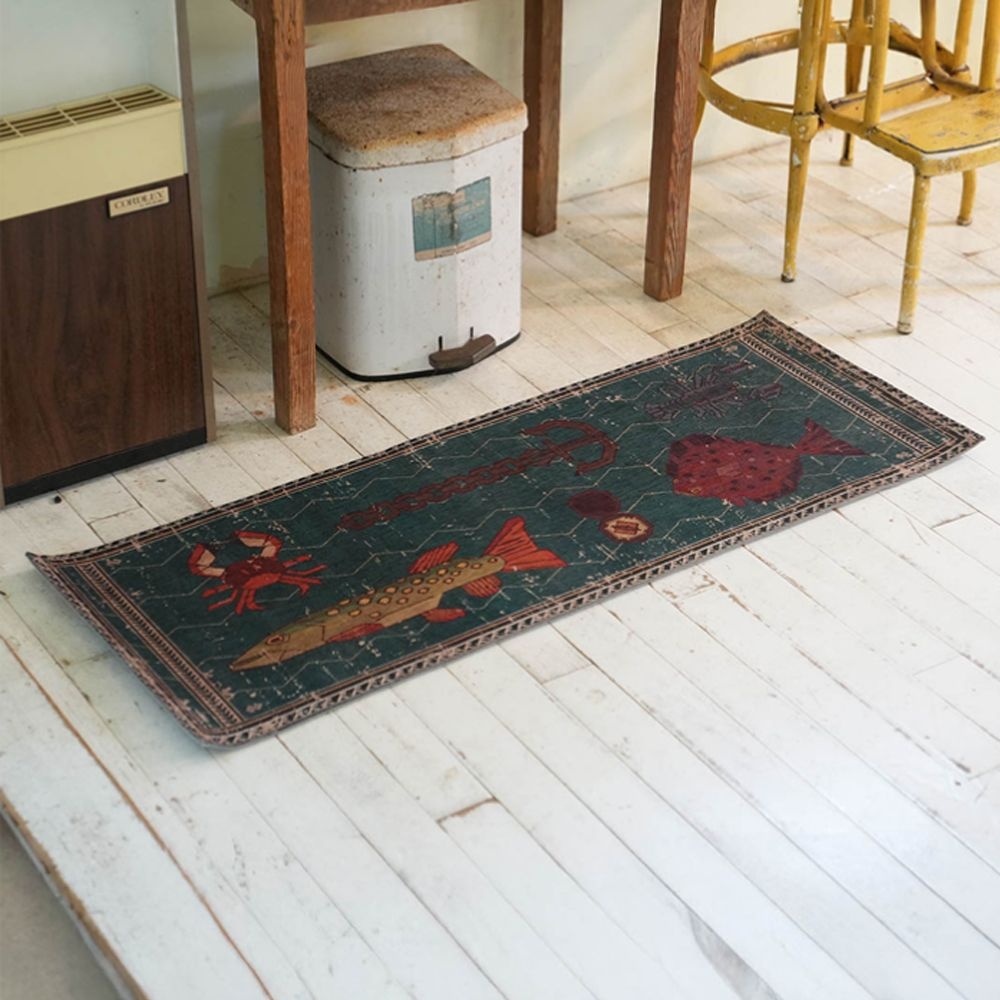 덜튼 빈티지 발매트 주방 침대 현관문 발매트 러그 고래 갈매기 그린 45x120cm