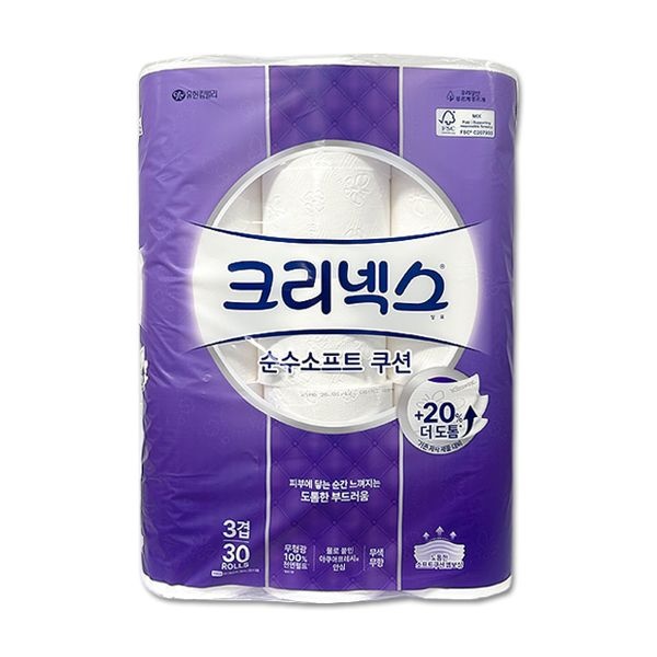 크리넥스 화장지 순수소프트쿠션 3겹 두루마리 휴지 30m 30롤 x 1팩