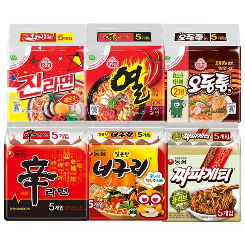 농심 신라면5개+너구리5개+짜파게티5개+오뚜기 진라면매운맛5개+열라면5개+오동통면5개