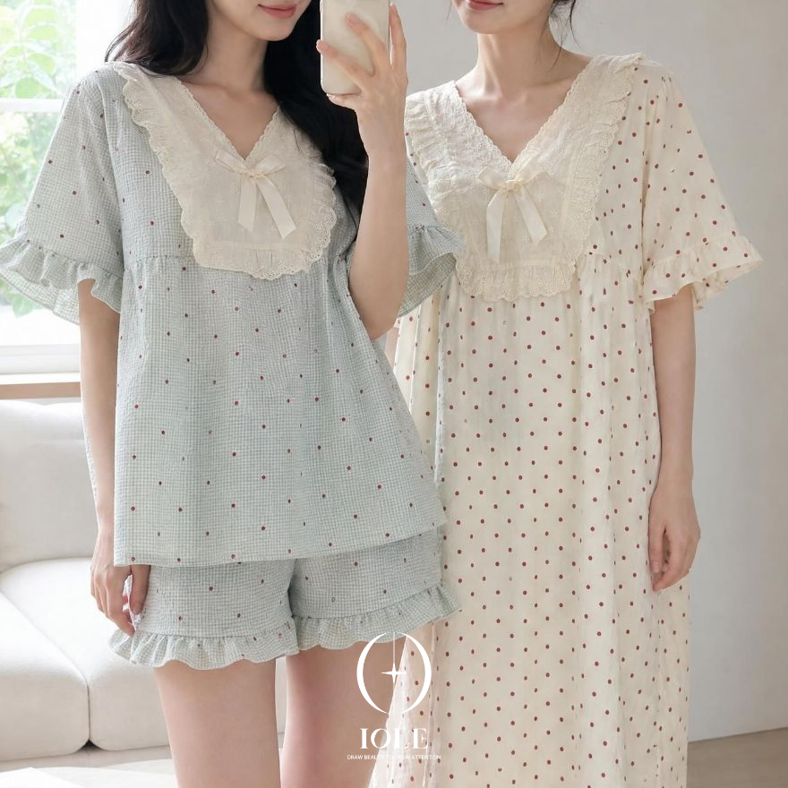 [3XL 빅사이즈] 도트벨르 레이스 리본 여성 잠옷 원피스, 상하세트