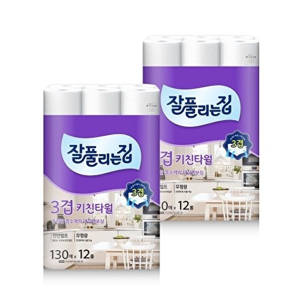 [잘풀리는집]3겹 키친타월 130매 x 12롤 x 2팩