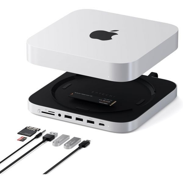 [해외] Satechi 사테치 Mac mini 허브 스탠드 NVME SATA M.2 SSD 외장 케이스 포함 USB C 10Gbps 포트 1개 A 5 3개 2.0 오디오 잭 Studio M2 M1