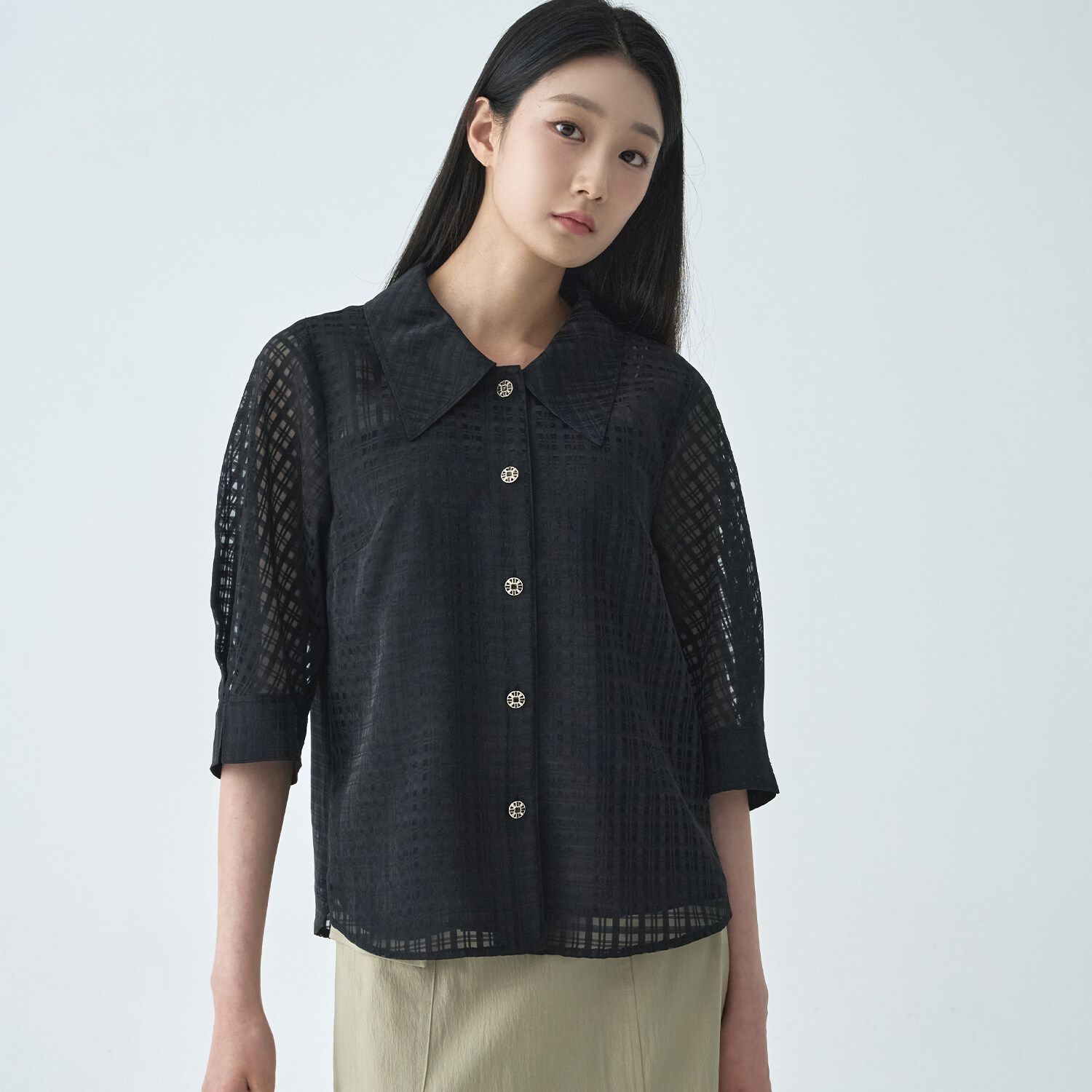 지센 2컬러 피어로즈 시쓰루 체크 빅카라 블라우스 LFWSO592