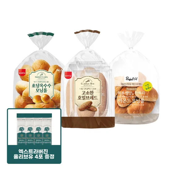 [올리브오일증정] 삼립 옥수수/아몬드/호밀 모닝롤 브레드 3종 2봉 택