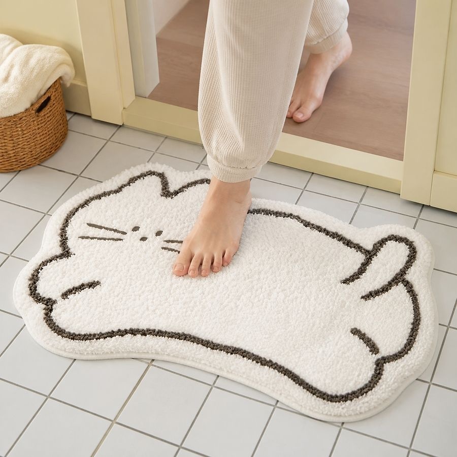 고양이 모양 발매트 화이트 폴리에스터 욕실 주방 현관 러그