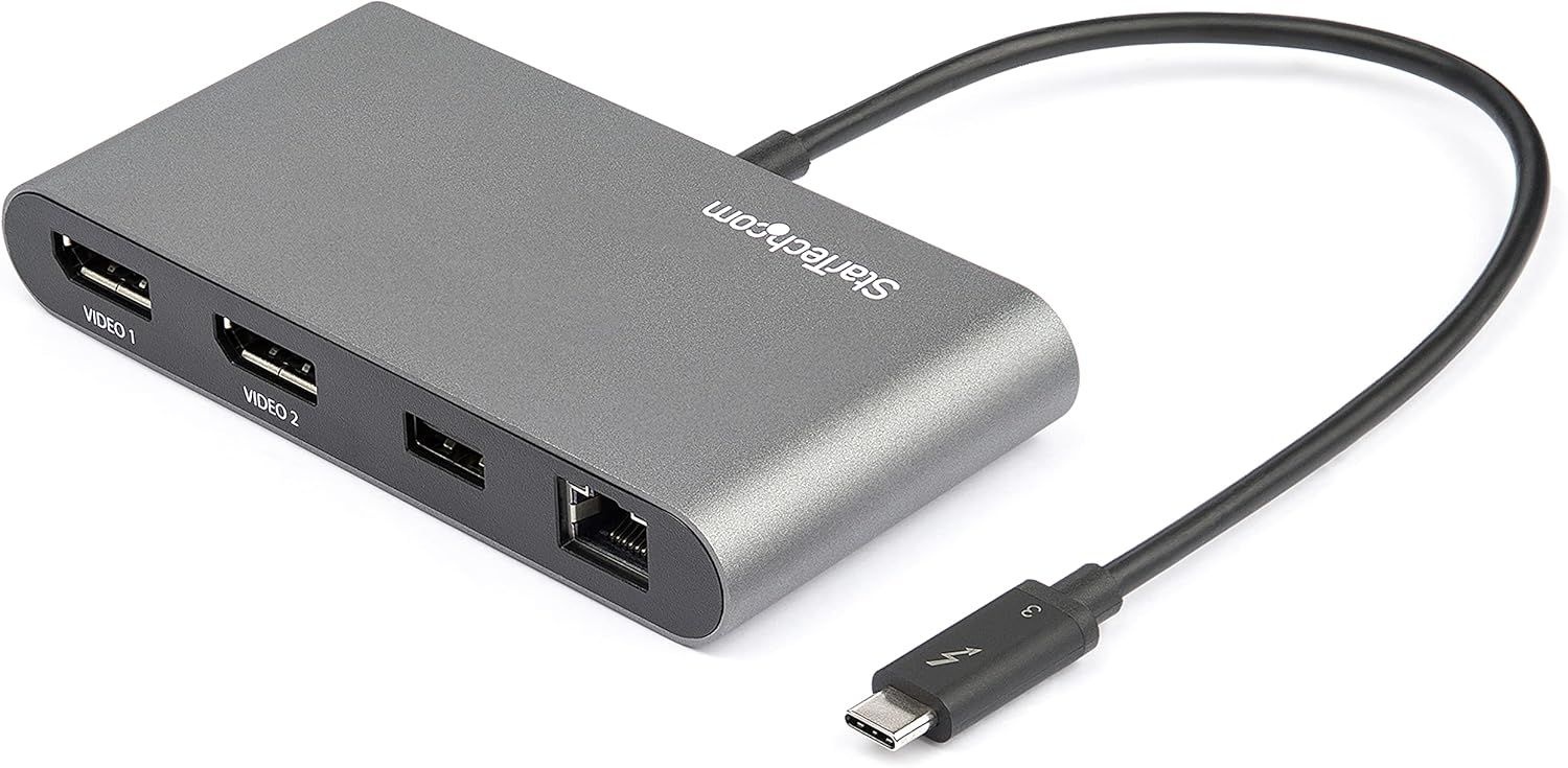 StarTech.com 듀얼 모니터 썬더볼트 미니 도크, 4K 60Hz 디스플레이포트, 윈도우 및 맥용 무인 허브, 기가비트 이더넷,