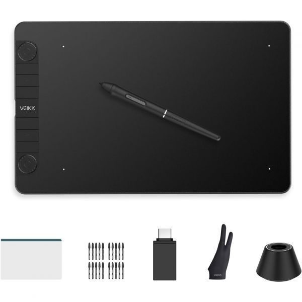[해외] VEIKK 업그레이드 버전 VK1060PRO 드로잉 태블릿 16384단계 필압 감지 배터리 작동하는 스타일러스 2개의 빠른 다이얼