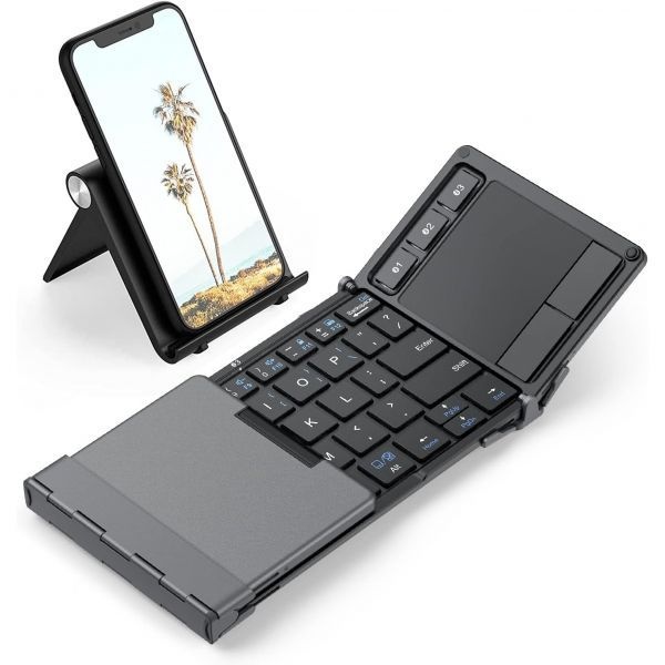 [해외] iClever 접이식 키보드 터치패드 포함 BK08 휴대용 3단 블루투스 iPad 아이폰호환 Windows Mac 안드로이드 호환 최대 3개