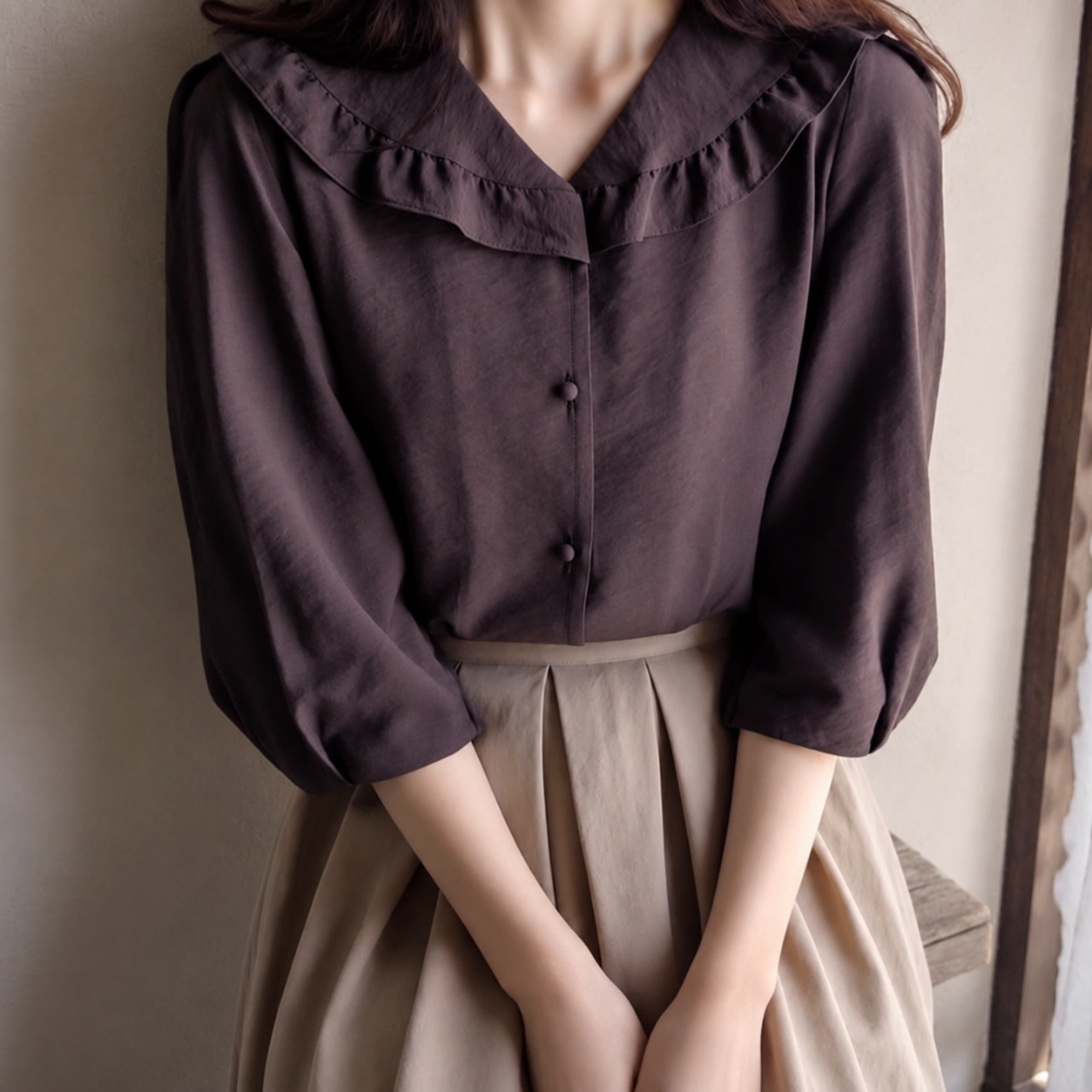 [재오픈][LABEL] 로체이드 샤링카라 소매핀탁 부드런 블라우스
