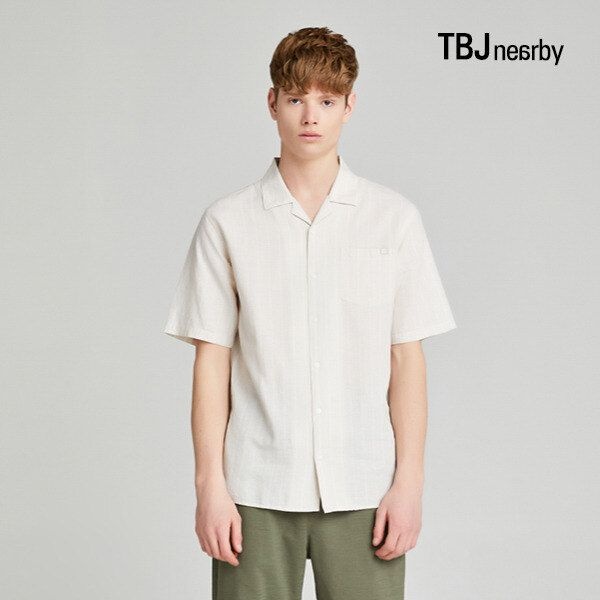 [패션플러스][TBJ]남성 5부 코튼린넨 루즈핏 쿠반카라 스트라이프 셔츠(T202SH310P)