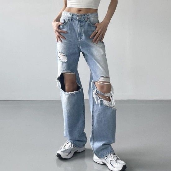 [M7] 여자 라이트블루 넓은 그런지 빈티지 청바지