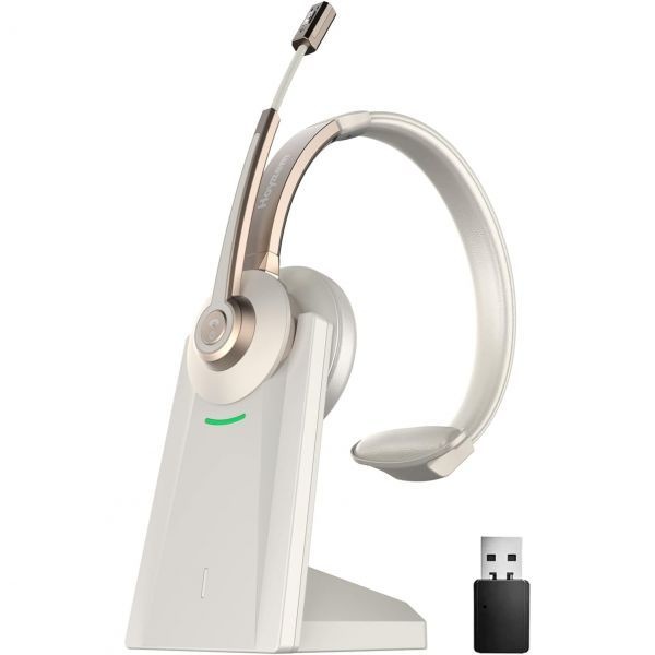 [해외] 블루투스 헤드셋, 마이크 노이즈 캔슬링 및 USB 동글이 있는 무선 헤드폰, V5.0 트러커 음소거 충전 도크 포함, PC/노