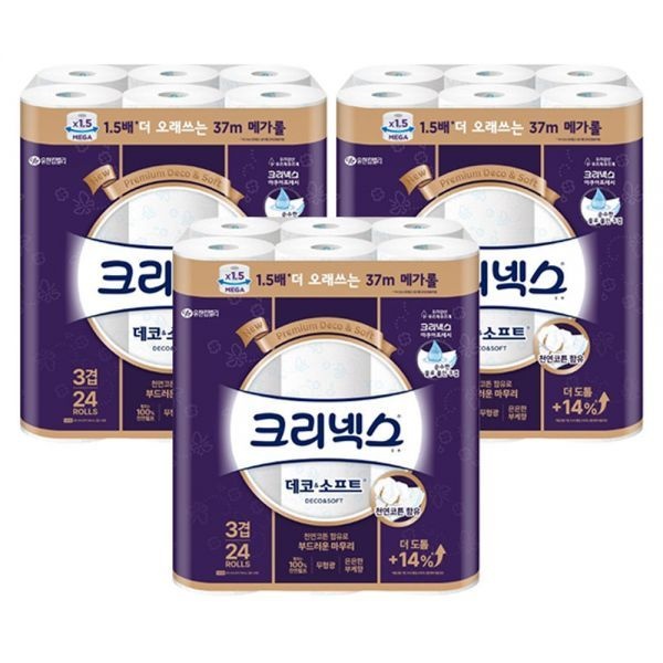 크리넥스 천연펄프 3겹 데코앤소프트, 37m, 24롤, 3개