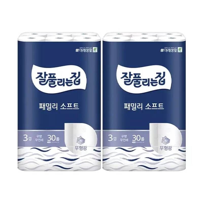 잘풀리는집 3겹 패밀리소프트, 27m, 30롤, 2개 (나무야나무야 3겹 도톰한 무향, 30m, 30롤, 3개)