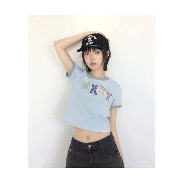 [와키윌리] WA2602STM6SB 스포츠상의 [유빈 x ] 우먼스 슬림 베이비핏 링거 반팔티셔츠 스카이블루 6840749