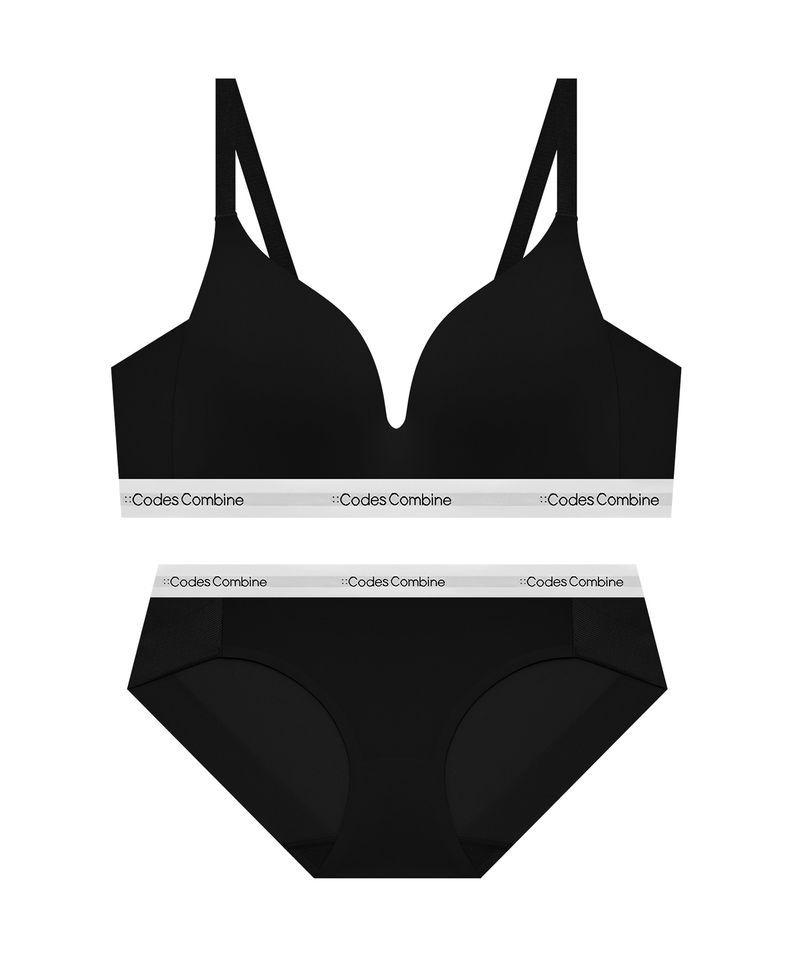 CODES COMBINE INNERWEAR 쉘론 트라이앵글 퓨징 노와이어 브라 햄팬티 세트_블랙 122116