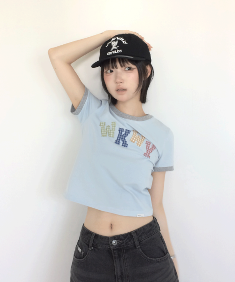 (매장정품)WACKY WILLY [유빈 x 와키윌리] 우먼스 슬림 베이비핏 링거 반팔티셔츠 스카이블루WA2602STM6SB