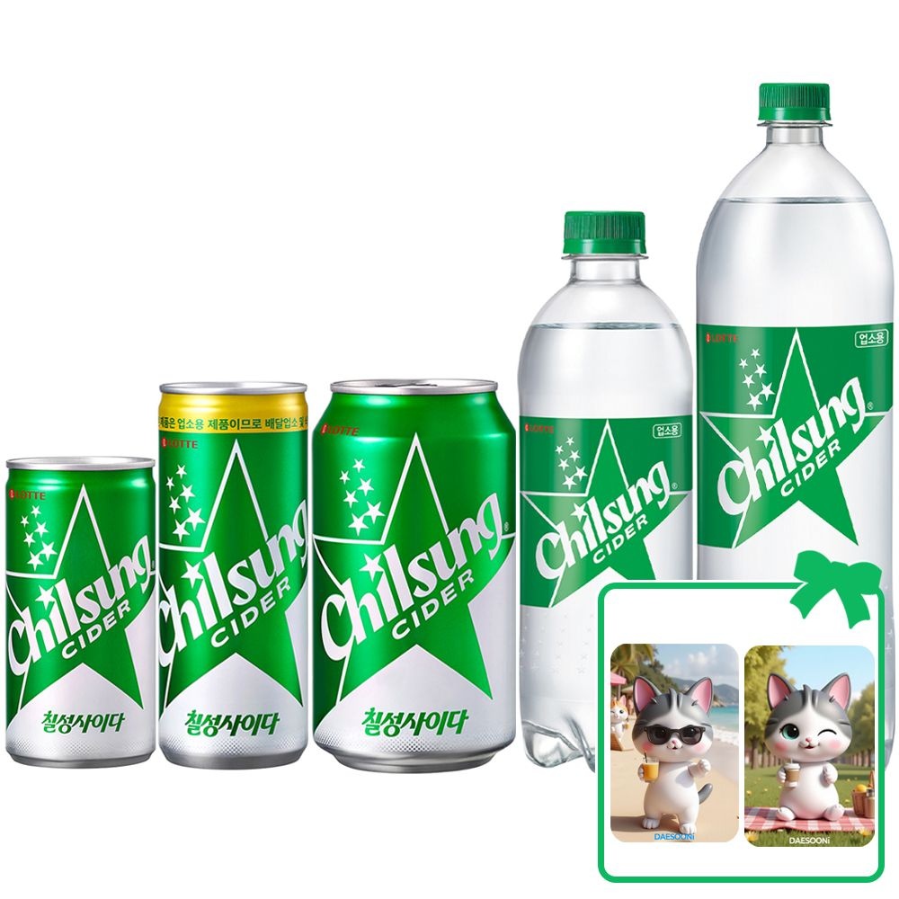 [온누리7%혜택]칠성사이다 190ml 245ml 355ml 500ml 1.25L 업소용 탄산음료 + 대순이 캐릭터 포토카드 (칠성사이다 355ml 24캔)