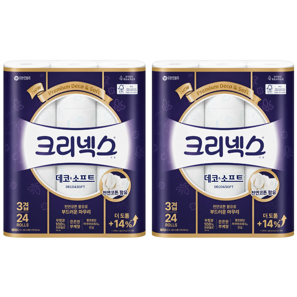 크리넥스 천연펄프 3겹 데코앤소프트 28m, 24롤, 2개