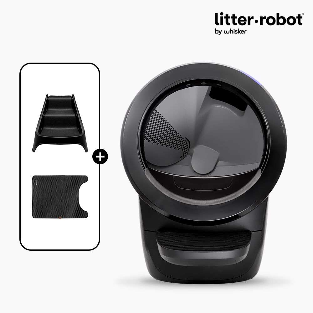 [롯데백화점] 리터로봇 고양이 자동 화장실(화이트) 리터로봇4 +전용 계단(블랙)+트랩매트 SET
