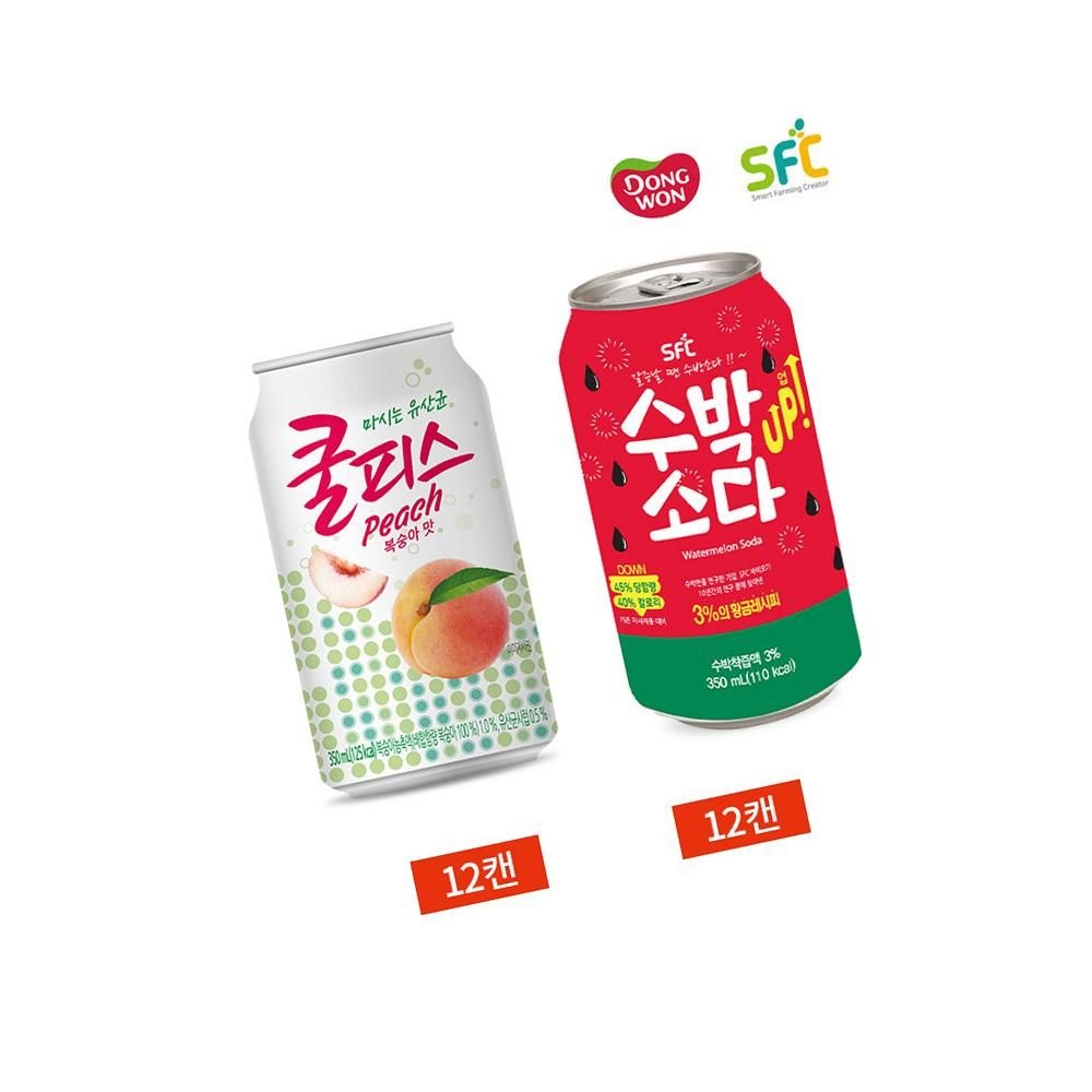 동원 쿨피스 복숭아 수박소다 2종 세트 355ml 24캔 카페용