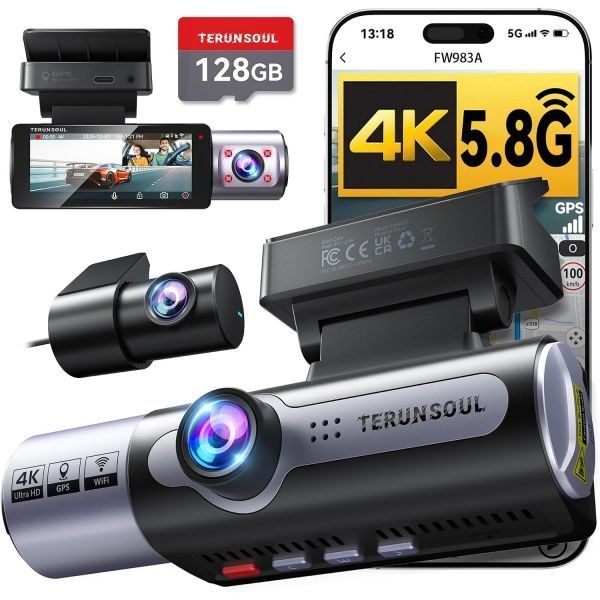 [해외] 4K 전후방 블랙박스 풀 HD 3채널 128GB 메모리 카드 증정 5.8GHz Wi Fi 내장 GPS 충돌 센서 야간 투시 HDR 3.16인치 IPS 디스