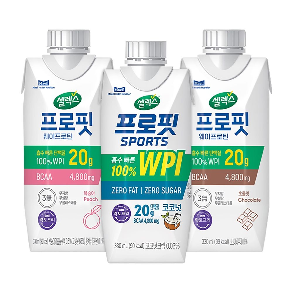 셀렉스 프로핏 Sports WPI 드링크 330ml 초콜릿/복숭아/코코넛 24개 골라담기