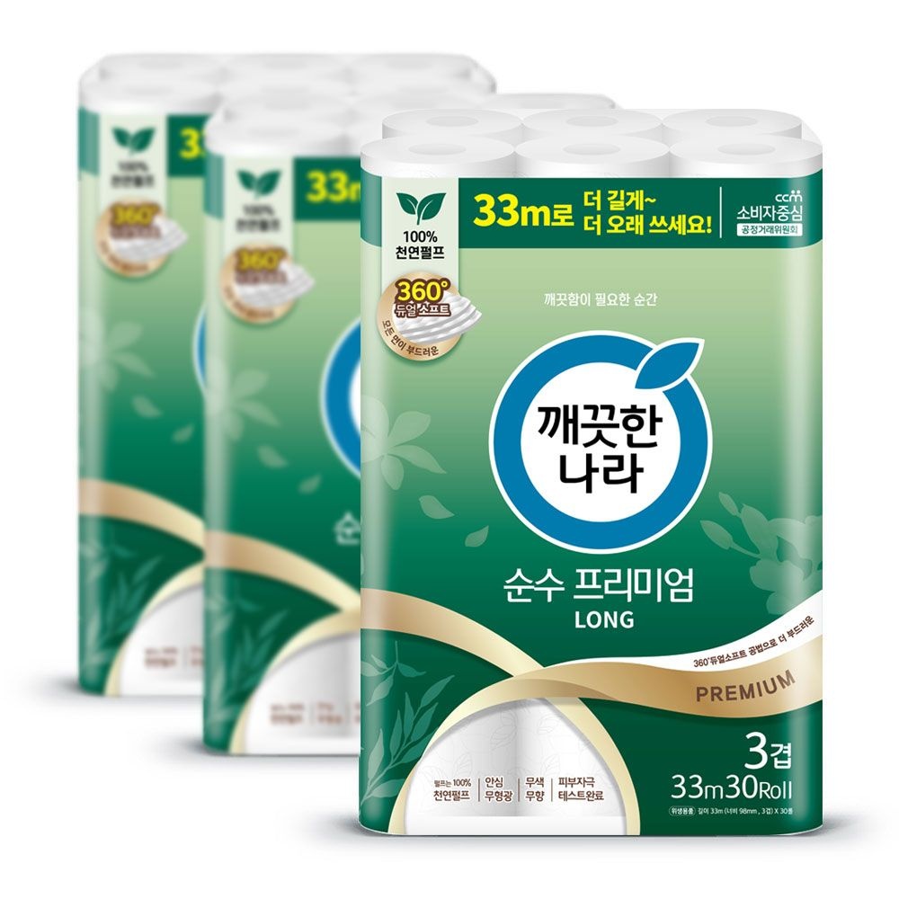 깨끗한나라 화장지 3겹 순수프리미엄 33m 30롤 3팩